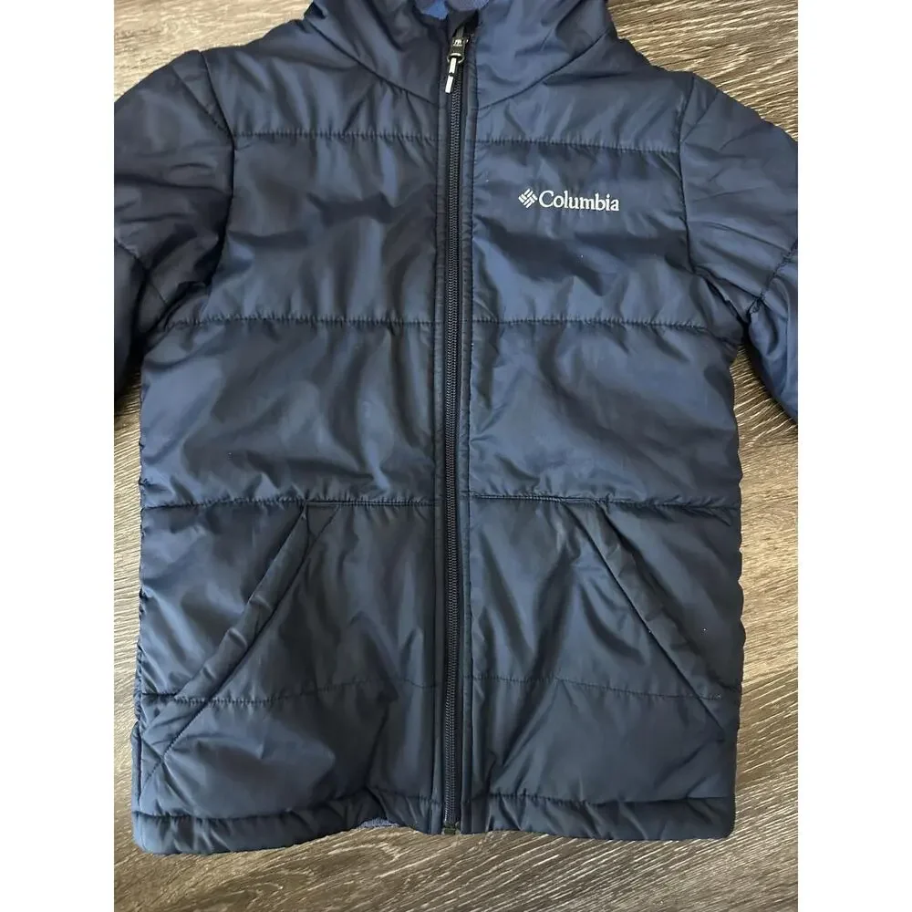Columbia Reversible Jacket Boys 8 Blue Camo Hooded Fleece Lined Puffer Winter